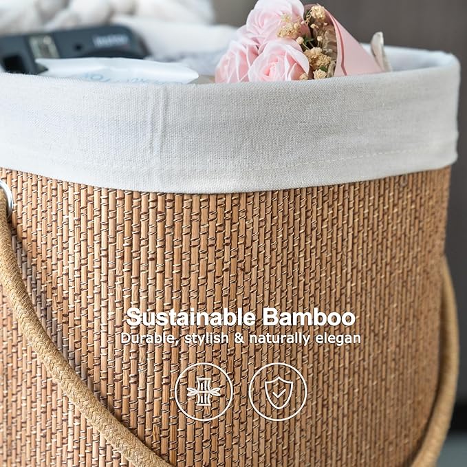 Stair Basket with Lid & Handle – Staircase Storage Basket for Wooden & Carpeted Stairs, Foldable Step Baskets for Stairs, Bamboo Storage Bin Organizer for Stair, shoes & Books (Soft Wheat)