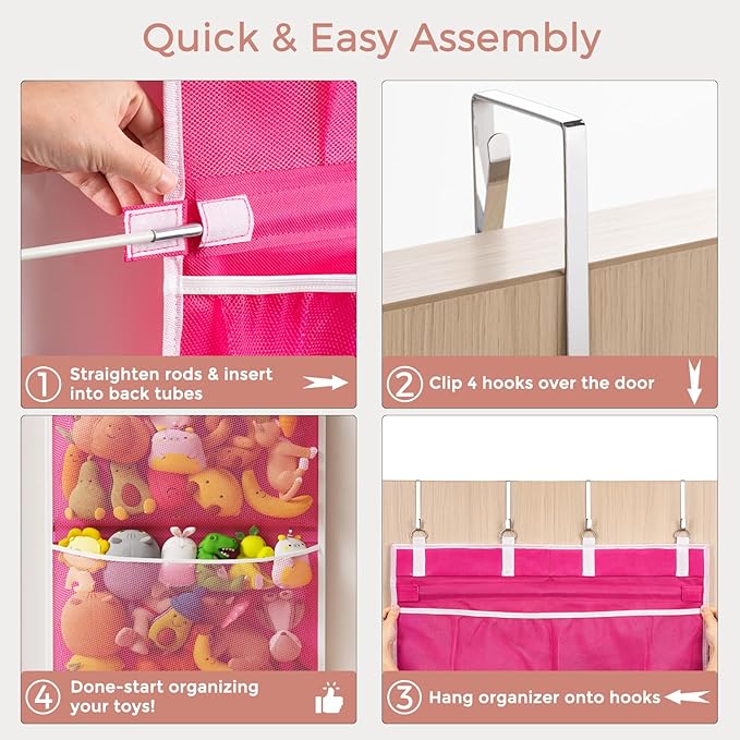 Criusia Over the Door Hanging Organizer, Extra-Large Door Storage Organizer with 4 Deep Mesh Pockets, Space-Saving Hanging Storage for Bedroom & Home Organization, Pink