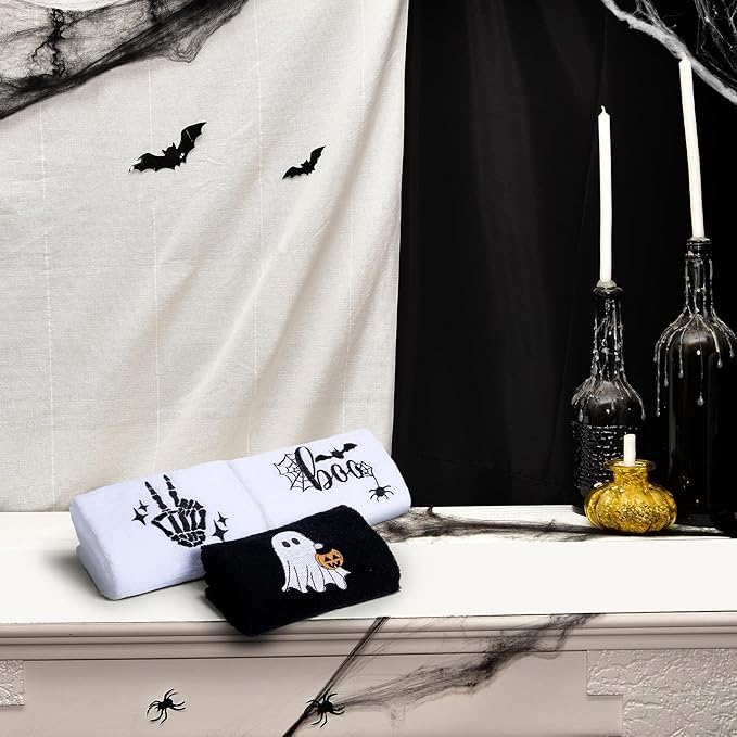 3 Pcs Halloween Hand Towels for Bathroom, Boo Ghost Black White Embroidered Towels Farmhouse Decorative 13.78 x 29.53 Inch Absorbent Soft Cotton for Kitchen Dish Fast Drying Gift