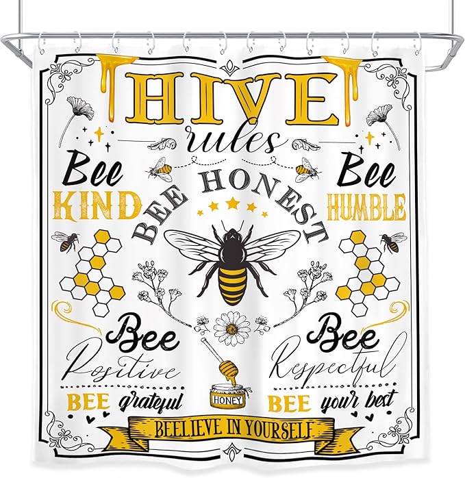 Homewelle Black Yellow Bee Quotes Shower Curtain Long Rustic Inspirational Motivational Words Retro Floral Daisy Honeycomb 72Wx78H Inch Farmhouse Vintage Waterproof Polyester Fabric Bathroom Bathtub