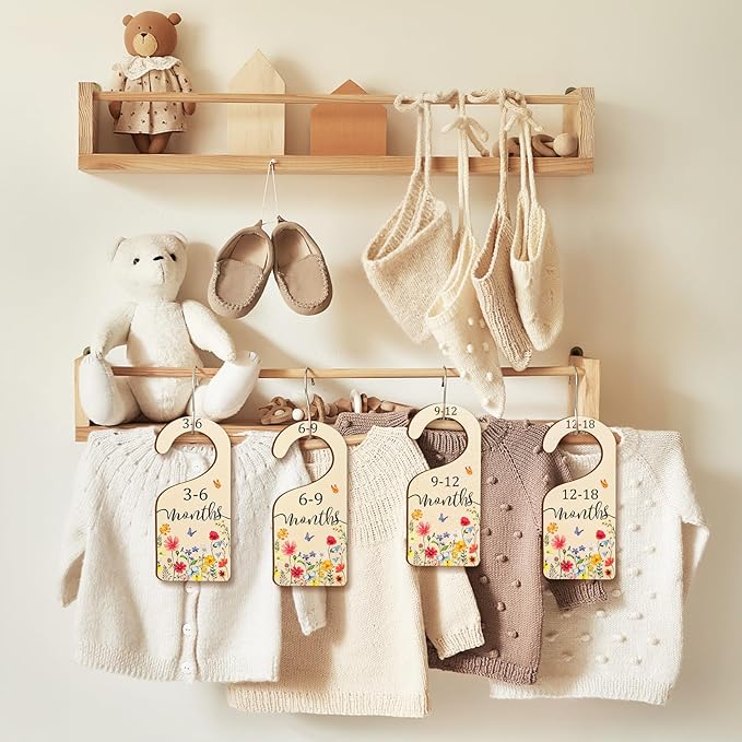 AnyDesign 8Pcs Wildflower Wood Baby Closet Dividers Newborn to 24 Months Baby Wardrobe Organizer Spring Vintage Floral Hanging Closet Organizer for Home Nursery Birthday Decor