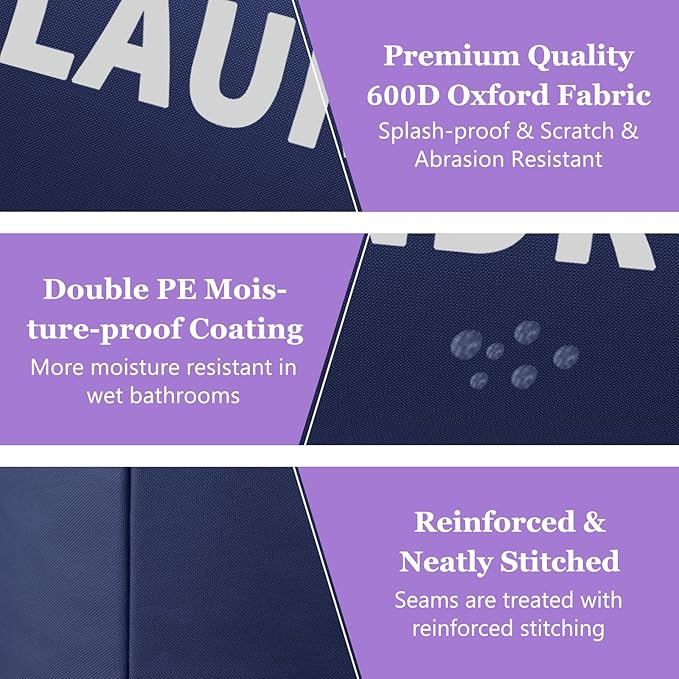 2Pcs Foldable Laundry Basket with Handles, 95L Large Clothes Hampers for Men, Tall Laundry Bin Stand Up Well, Portable Storage Basket for Family, Flat, Blue + Navy Blue