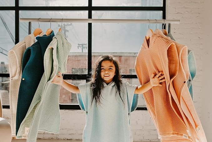 Jade&Kai Hooded Towel for Kids | Snaps into a Poncho | Organic Cotton Waffle | Lightweight and Absorbent | Bath, Beach, and Pool | Multiple Colors | (Large (6-10 Yrs), Lagoon)