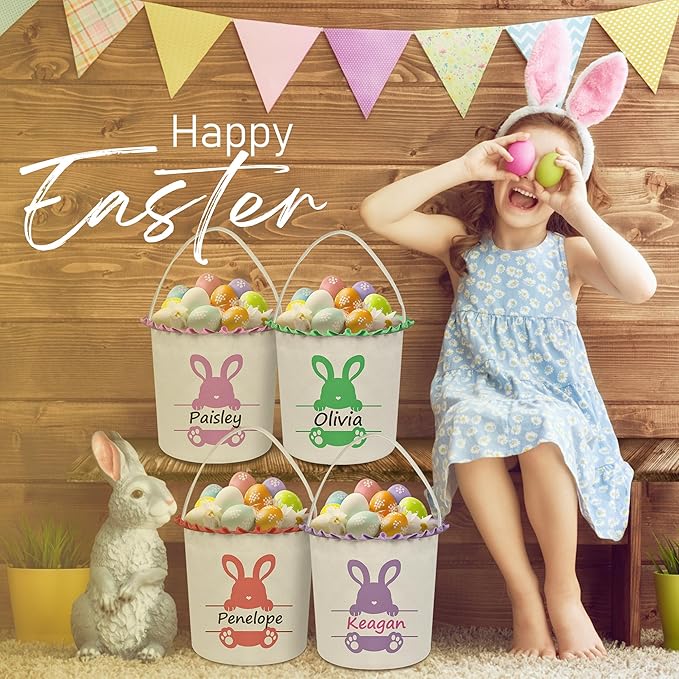 Easter Baskets for Girls Boys, Personalized Easter Basket with Name - Cute Green Bunny
