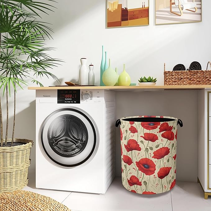 Vintage Poppy Flower Laundry Basket,Oxford Cloth Laundry Hamper with Handle Foldable Portable Clothes Storage Basket for Bathroom Bedroom Dorm Room 16" x 20.8"
