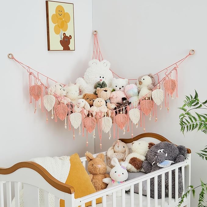 Pretty Jolly Macrame Stuffed Animal Hammock with Beads Hand Woven Leaf Tassels Corner Hanging Net Boho Plush Holder for Kid Room Nursery Decor Easy Install Organizer for Girls Gift(Leather Pink)