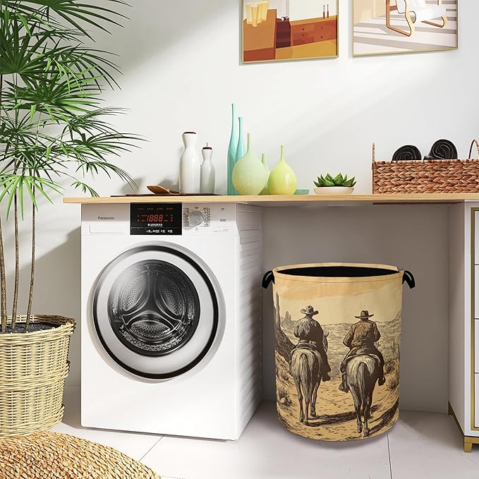Western Cowboy Laundry Basket,Oxford Cloth Laundry Hamper with Handle Foldable Portable Clothes Storage Basket for Bathroom Bedroom Dorm Room 16" x 20.8"