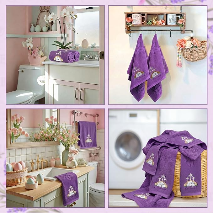 2 Pcs Easter Hand Towels for Bathroom He is Risen Easter Christian Bath Towels Purple 100% Cotton Jacquard Embroidered Decorative Religious Gift Set Kitchen Decor Home Accessories