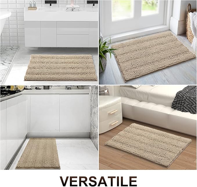 Grandaily Chenille Striped Bathroom Rugs 40x32, Extra Thick and Absorbent Bath Mats, Non-Slip Soft Plush Shaggy Shower Carpet, Machine Wash Dry, Bath Rug for Bathroom, Beige