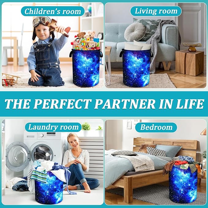 Blue Galaxy Laundry Basket, Universe Starry Sky Laundry Hamper Funny Tote Bag Dirty Clothes Storage Bucket Toy Organizer for Bathroom/Laundry/Bedroom 15.7"x19.6"