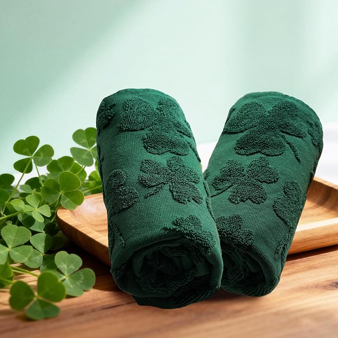 2 Pcs St. Patrick's Day Hand Towels 3D Green Shamrock Bathroom Decorative Towels for Drying, Cleaning, Cooking, Holiday 16'' x 28'' with Gift Box(Green)