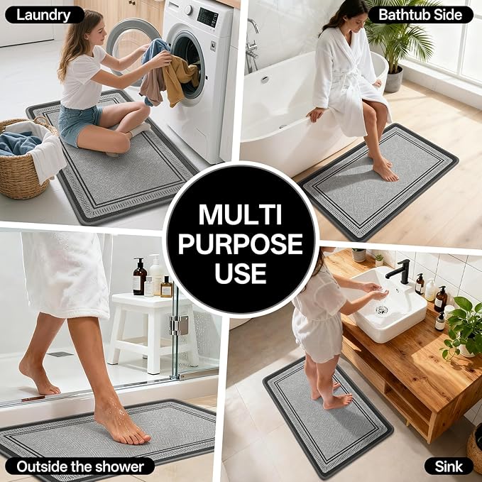 20"×31" Non Slip Bath Mat with Rubber Backing, Absorbent Quick Dry Bath Mats Washable, Low Pile Bathroom Rugs Fit Under Door for Bathroom Floor, Shower and Sink, Grey