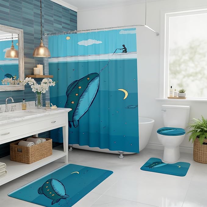 4Pcs Kids Shower Curtain Sets,Submarine Adventure Boy Bathroom Sets with Waterproof Shower Curtain,Memory Rugs,Non-Slip Rug,Toilet Lid Cover Bath Mat,Bathroom Décor for Kids