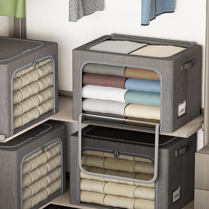 4 Pack Clothes Storage Bins with Metal Frame - 36L Stackable Storage Box with Lid,Foldable Storage Container Organizer for Clothes,Linen Fabric Storage Box with Clear Window&Zippers&Handles