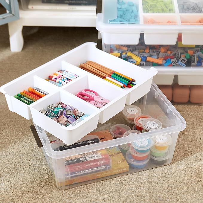 17 QT Plastic Storage Box with Removable Tray Craft Organizers and Storage Clear Container for Organizing Bead, Tool, Sewing, Playdoh (White, 1Pack-17QT)