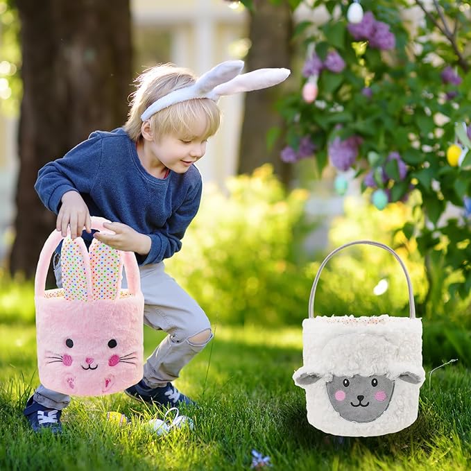 DearSun 2 Pcs Easter Basket Bunny & Lamb Plush Baskets, Easter Egg Hunting Basket for Kids Gifts Party Decoration Supplies, Dia 8" * H 15.7"(Pink Bunny & Sheep)