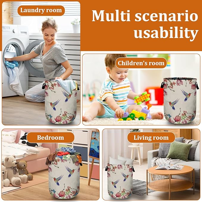 Colorful Flower Bird Butterfly Laundry Basket with Sturdy Handles, Retro Floral Collapsible Oxford Cloth Laundry Hamper Organizer Basket for Bathroom Bedroom 15.7x20 Inch