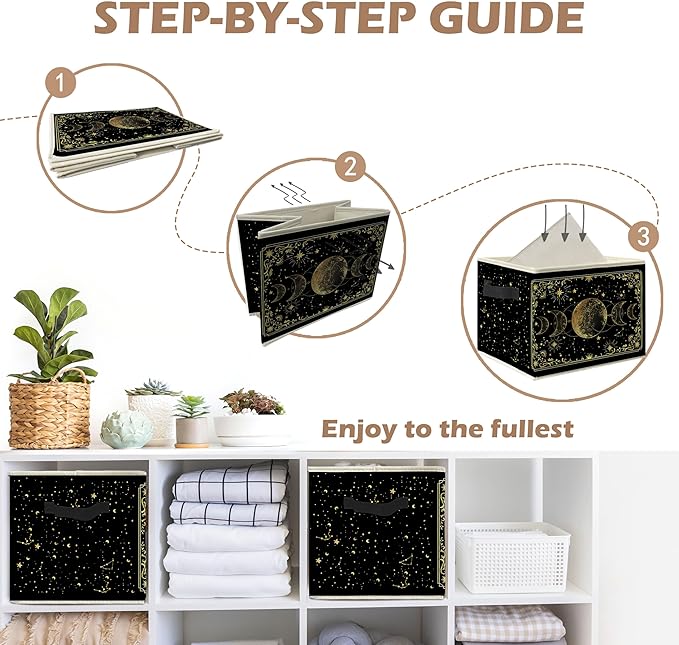 Mystical Witchy Moon Phase Storage Bin Box with Handles, Black and Gold Celestial Astrology Foldable Linen Fabric Laundry Basket for Home Bedroom Bathroom Clothes Toys Books