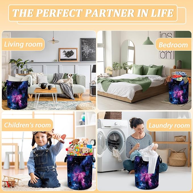 Purple Galaxy Space Laundry Basket, Space Laundry Hamper, Oxford Waterproof Foldable Clothes Storage Bin, Toy Organizer Basket for Bathroom/Household/College Dorms 15.7"x19.6"