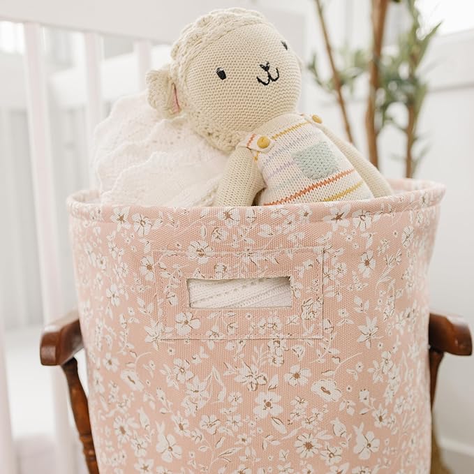Sorrel + Fern Nursery Storage Basket (Fleurette), Soft Collapsible Fabric Toy Bin, Floral-Inspired Organizer for Playroom or Nursery, Gender-Neutral Decor, 13 × 13 Inches