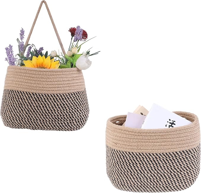 Over The Door Hanging Basket, 2 Tier Cotton Rope Woven Wall Basket, Magazine Racks Hanging Organizer, Decorative Hanging Storage Baskets for Organizing Living Room, Bathroom and Bedroom (Jute-black)