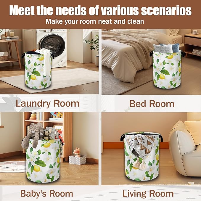 Lemon Fruits Laundry Hamper,Flowers Leaves Laundry Baskets,Waterproof Oxford Cloth Toy Storage for Bedroom,Bathroom,Nursery,16x20.8 Inch