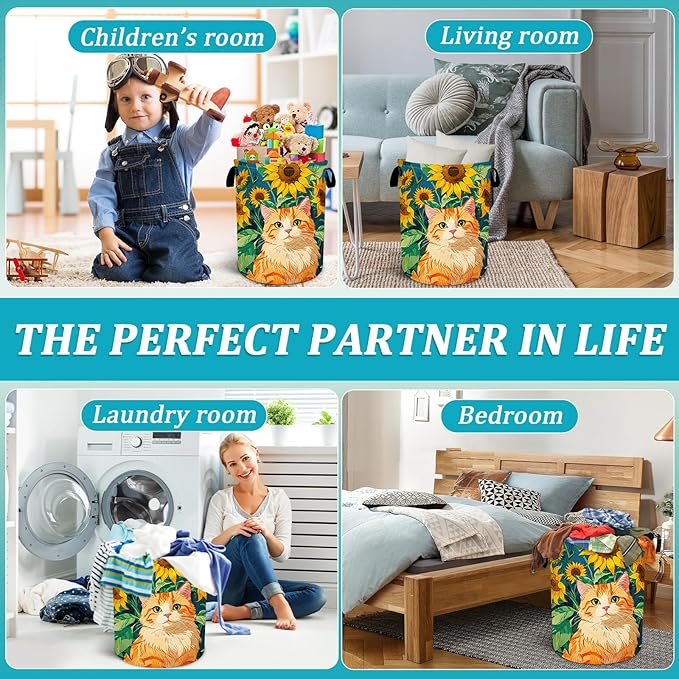 Cat Sunflower Laundry Basket, Foldable Waterproof Oxford Cloth Laundry Hamper Funny Tote Bag Dirty Clothes Storage Bucket Toy Organizer for Bathroom/Laundry/Bedroom 15.7"x19.6"