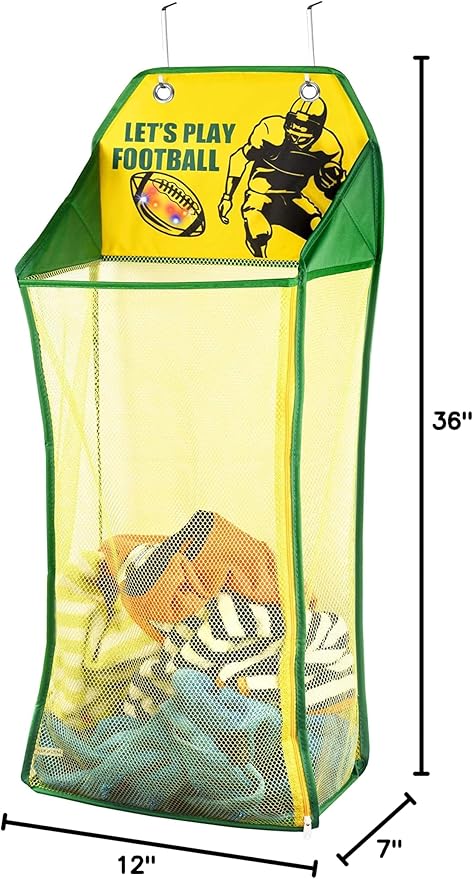 Store & Score Over The Door Hanging Kids Fun LED Football Light-Up Collapsible Mesh Construction Laundry Hamper Basket, Toy Chest, Heavy Duty Metal Hooks Included. Patent Pending