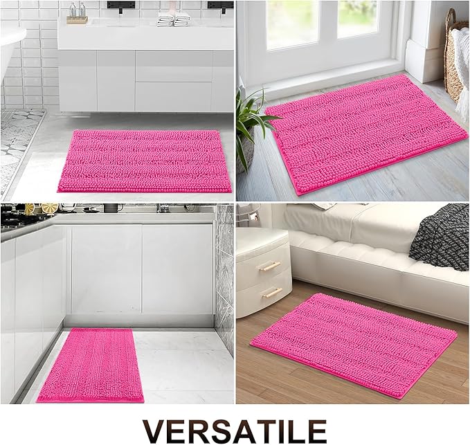 Grandaily Chenille Striped Bathroom Rugs 24x16, Extra Thick and Absorbent Bath Mats, Non-Slip Soft Plush Shaggy Shower Carpet, Machine Wash Dry, Bath Rug for Bathroom, (Small, Deep Pink)