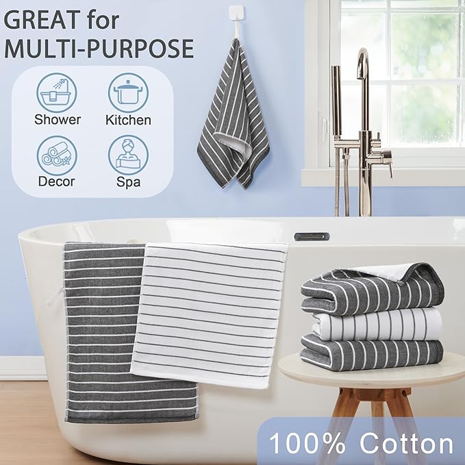 4-Pack Premium Cotton Hand Towels with Hanging Loops, 13x28 Inch – Ultra-Absorbent 450GSM Hand Towels for Bathroom, Soft Quick-Dry Face & Hand Towel Set, Durable Black & White Stripe Design