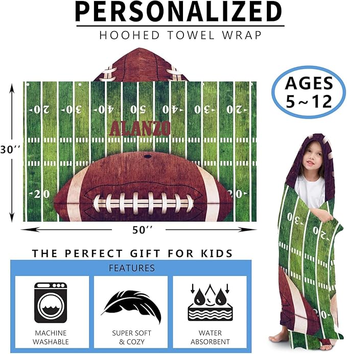 Hooded Towels for Kids 3-10 Yrs Retro American Football Field Kids Bath Towels Hooded Beach Towel Wrap Bathrobe Blanket Boys Gift for Shower