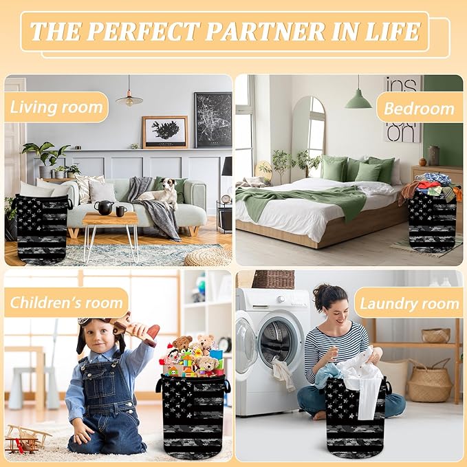 Black Camo USA Flag Laundry Basket, Foldable Waterproof Oxford Cloth Laundry Hamper Funny Tote Bag Dirty Clothes Storage Bucket Toy Organizer for Bathroom/Laundry/Bedroom 15.7"x19.6"