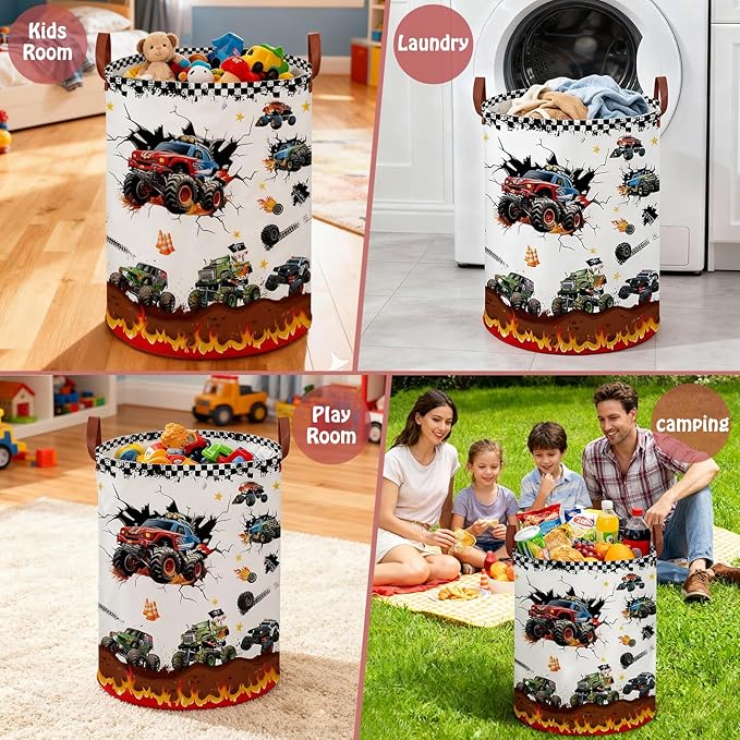 Monster Trucks Storage Basket Laundry Hamper,Collapsible Car Room Decor for Boys,Waterproof Monster Trucks Valentine's Day Gift Bag,45L Large Clothes Towel Toy Book Nursery Hamper(Round)