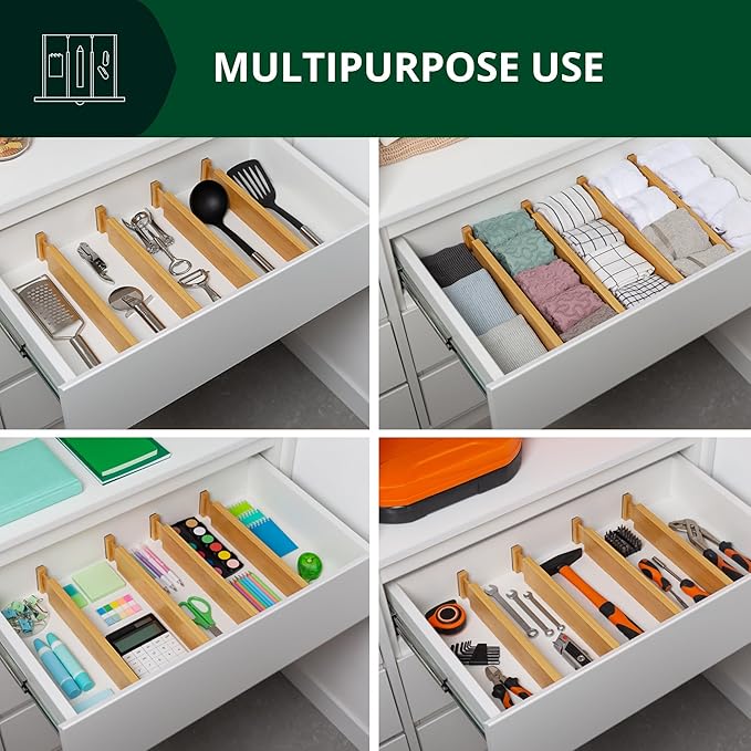 Bamboo Drawer Dividers Organizers, Adjustable Drawer Separator Splitters, 17โ22 Inches Expandable Drawer Divider Organizer for Large Utensils, Kitchen, Bedroom, Dresser & Office Drawers 4-Pack