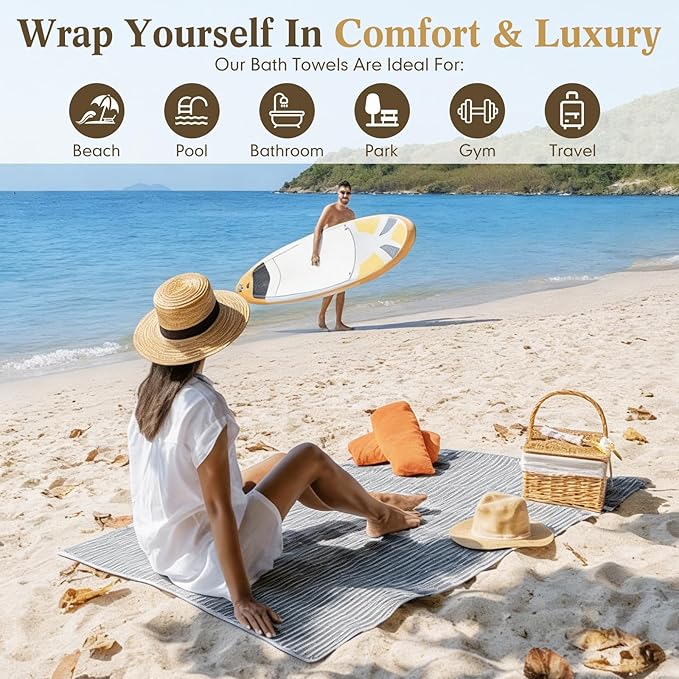 4 Pieces Extra Large Grey Striped Bath Towels Set 35 x 70 in Coral Fleece Oversized Bathroom Pool Towel Highly Absorbent Soft Quick Dry Shower Bath Sheets for Hotel Spa Pool