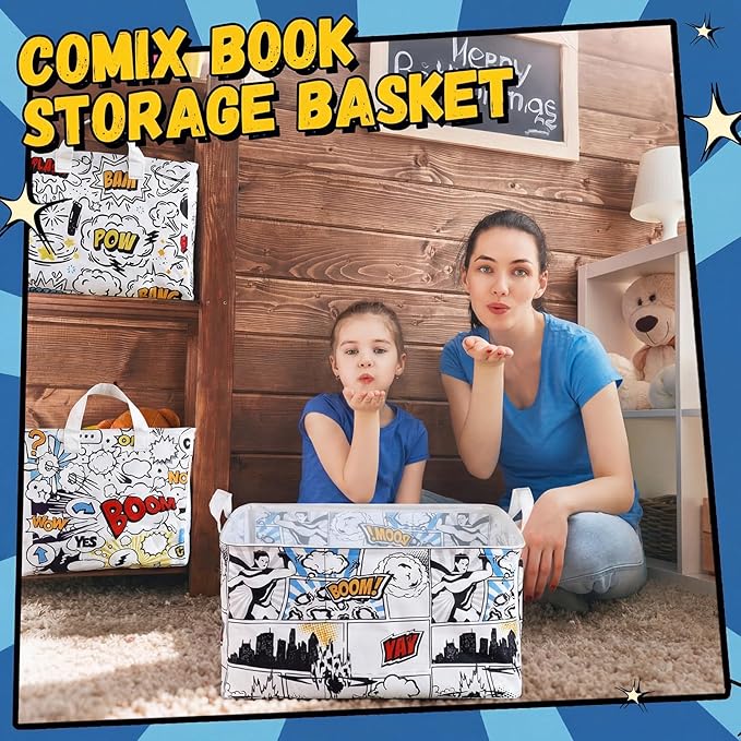 Maxdot 3 Pack Hero Comic Book Storage Themed Basket Large Gifts for Laundry Hamper Basket for Kids Room Nursery Collapsible Toy Clothes Storage Collection Bin(Hero,Rectangle)