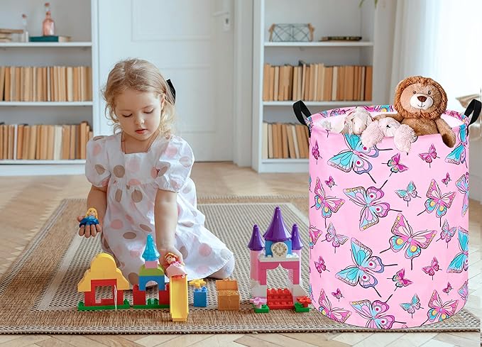 19.7 Inch Round Laundry Hamper Cute Butterfly Pattern Laundry Basket Fabric Storage Hamper Organization Bin, Toy Box,Gift Basket with Handles for Room
