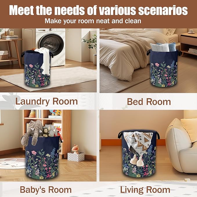 Weeds Laundry Basket,Herbs and Wild Flowers Laundry Hamper Waterproof Oxford Cloth Tote Collapsible,Clothes Storage Bucket Decorative Toy Organizer For Bathroom Bedroom 16" x 20.8"