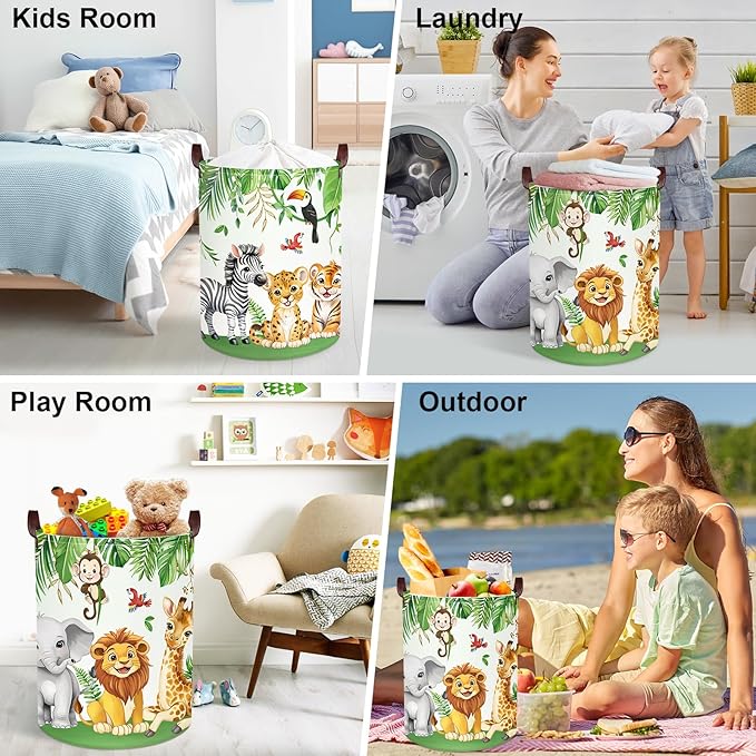 Clastyle Safari Animal Laundry Basket Leaf Kids Clothes Book Storage Basket Gift Toy Box for Bedroom Decor,Elephant Lion Giraffe,36x45 cm