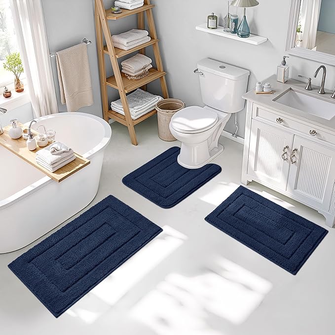 GRANNY SAYS Bathroom Rugs Sets 3 Piece, Soft Absorbent Microfiber Bath Mats for Bathroom Non Slip Washable, U-Shaped Toilet Bath Rugs for Tub Shower (Blue, 16" x 24" + 20" x 32" + U Shaped 20" x 24")
