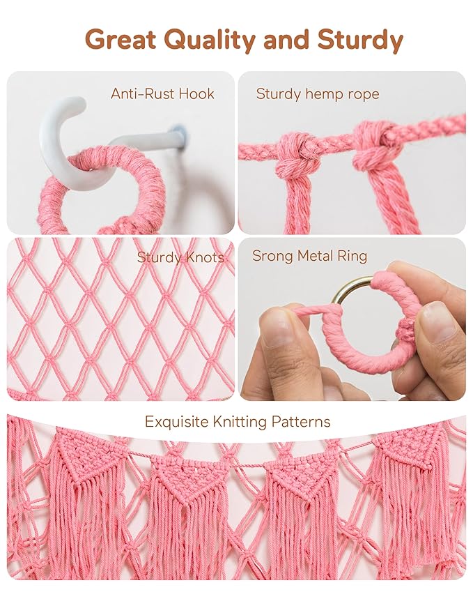 Stuffed Animal Storage Hammock or Net with Lights- Big Wall Hanging Stuff Animal Organizer Holder for Plush Plushie, Boho Macrame Toy Hammock for Girs Kids Bedrooms Playroom Nursery(Pink)