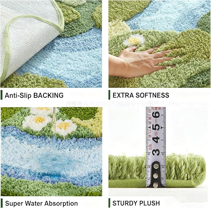 3D Moss Bath Mat - Ultra Thick & Soft, Water Absorbent, Non-Slip Bathroom Rug for Shower Floor, Bedroom Decor | Moss Green, Oval (24"x43")