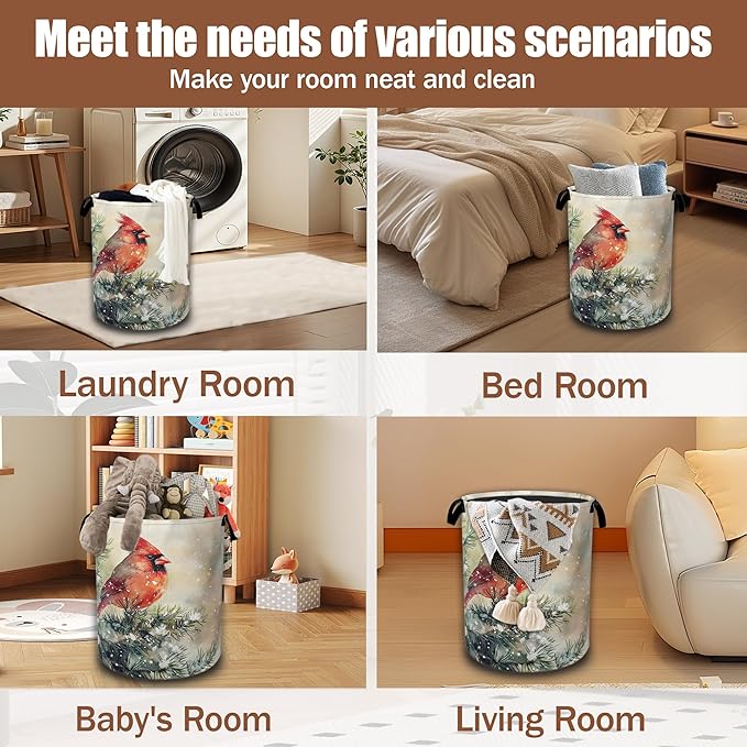 Winter Red Cardinal Bird Laundry Basket, Laundry Hamper Waterproof Oxford Cloth Tote Collapsible,Clothes Storage Bucket Decorative Toy Organizer For Bathroom Bedroom 16" x 20.8"