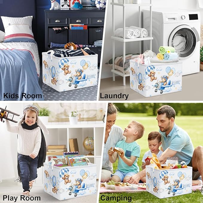 Clastyle 36L Large Blue Bear Pilot Hot Air Balloon Shelf Basket with Handle Collapsible Rectangle Toy Clothes Storage Basket for Kid Room Nursery, 40 * 30 * 30 cm