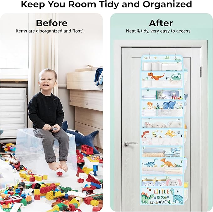 Clastyle Dinosaur Over the Door Organizer Tree Nursery Hanging Storage Organizer for Kids Clothes Diaper Toy Closet Door Hanging Shelf Storage for Bedroom Bathroom Pantry, Blue, 5-Tier