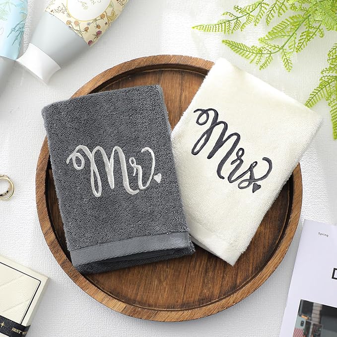 2 Pcs Mr. and Mrs. Hand Towels 100% Cotton Embroidered Bathroom Towel Gift for Valentine's Day Couple Wedding Engagement Anniversary Bathroom Decor 29 x 13 Inch
