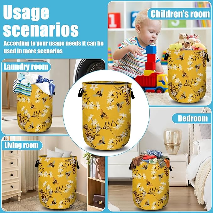 Bee Flower Laundry Basket, Spring Floral Laundry Hamper Collapsible Oxford Cloth with Handle Clothes Toy Storage Bin for Bathroom Laundry Room Bedroom 15.7 X 20 Inch
