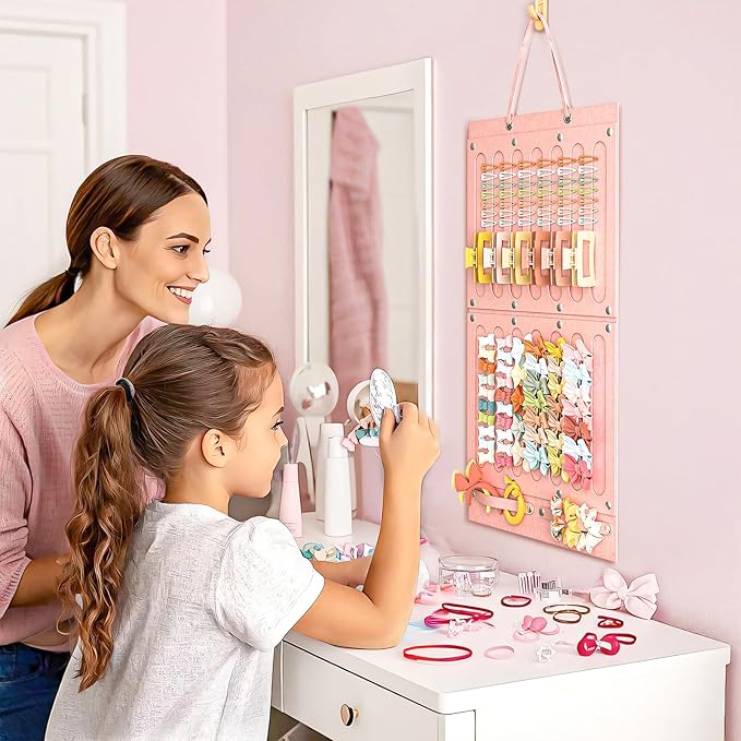 Bow Holder for Girls Hair Bows, Hair Accessories Organizer for Toddler Kids Baby Girl, Hanging Hairbow Storage Organizer Hanger Rack for Hair Stuff, Nursery Room Decor for Wall Door, Pink