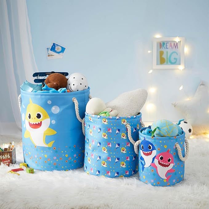 Baby Shark 3 Piece Multi Size Fabric Nestable Toy Storage Basket Set, with Rope Carry Handles