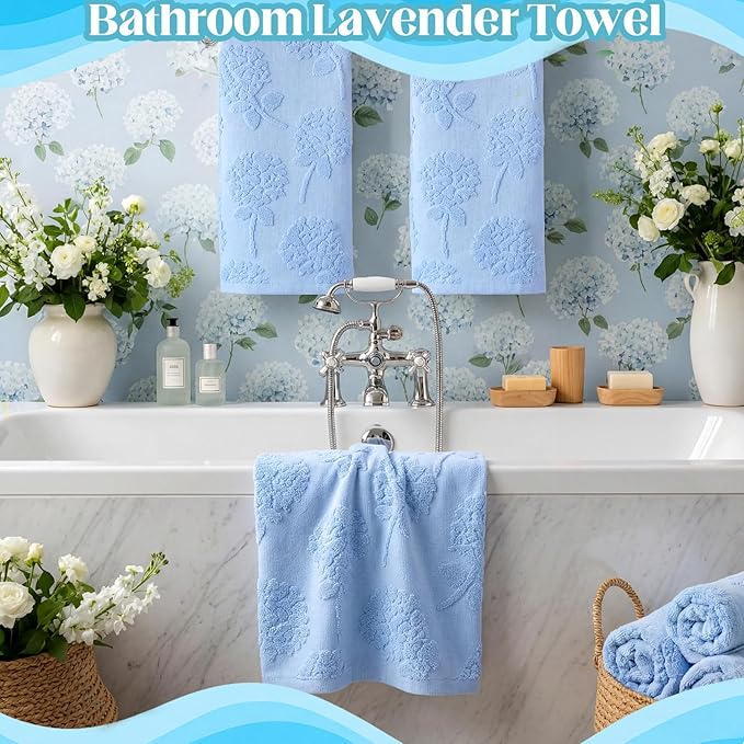 2 Pcs Blue Hydrangea Hand Towels for Bathroom Blue Hydrangea 100% Cotton Jacquard Weave Bath Towel Set Soft Absorbent Washcloth for Bathroom Kitchen Summer Theme Gifts 13.8 x 29.5 Inch